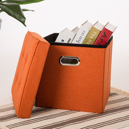 Glitzhome Cube Linen Foldable Storage Ottoman with/Padded Seat, Orange - Products