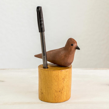 Novica Handmade Clay Colored Thrush Wood Pencil Holder