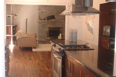 Example of a large transitional galley medium tone wood floor eat-in kitchen design in Toronto with an undermount sink, shaker cabinets, medium tone wood cabinets, granite countertops, stone slab backsplash, stainless steel appliances and an island