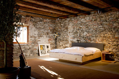 Design ideas for a large country master bedroom in Munich with multi-coloured walls, no fireplace and beige floor.