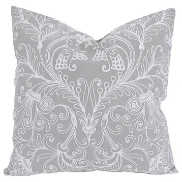 20" X 20" Gray and White Damask Polyester Zippered Pillow With Embroidery