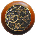 Notting Hill Decorative Hardware - Ivy With Berries Wood Knob, Antique Brass, Cherry Wood Finish, Antique Brass - Projection: 1-1/8"
