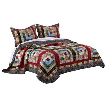 Thames 3 Piece King Size Cotton Quilt Set With Log Cabin Pattern, Multicolor