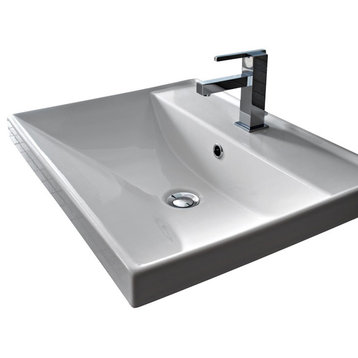 Square White Ceramic Self Rimming or Wall Mounted Bathroom Sink, One Hole