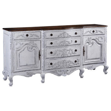 Sideboard French Country Carved Antiqued White Solid Wood Rustic