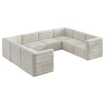 Meridian Furniture - Quincy Velvet Upholstered 8-Piece U-Shaped Modular Sectional, Cream - Show them all that less is more with the minimalist look of this Quincy velvet cloud-like comfort modular sectional. This elegant chair features a simple design that's all about comfort and modern style. The soft cream velvet upholstery is sleek to the touch, and the back of the unit features deep horizontal channel tufting for a look that wows. Because this is a modular seating option, you can pair it easily with other items in the Quincy collection to create a look you love. Latches underneath make it easy to mix and match items from the collection.