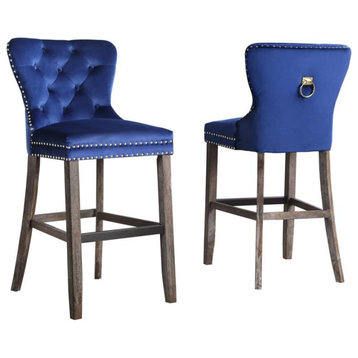 Rustic Navy Blue Velvet Bar Stools with Chrome Handle and Footrest (Set of 2)