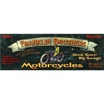 Vintage Motorcycle Signs, Franklin Bros. Wooden Sign, 14"x40"