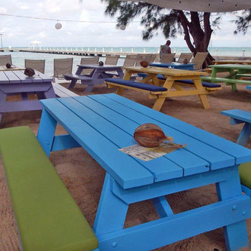 Sunbrella RAIN bench cushions add playful vibe to beach picnic tables