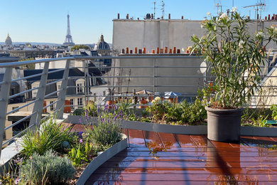 This is an example of a large country rooftop and rooftop deck in Paris with a container garden, no cover and metal railing.