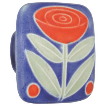 Square Ceramic Flower Knob, Blue