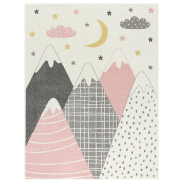 Kids Rug With Mountains and Dreamy Stars, Pink, 5'3"x7'3"