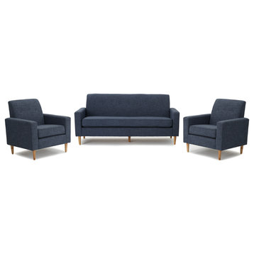 GDF Studio Stratford Mid Century Modern Fabric Sofa and Club Chairs Set, Dark Bl
