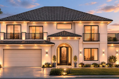 Large transitional white stucco house exterior photo in Los Angeles with a hip roof, a tile roof and a gray roof