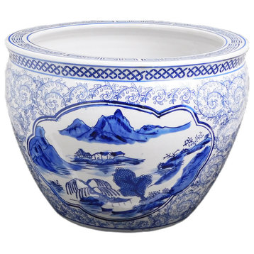 Blue and White Asian Porcelain Garden Pot Painted Landscape, 14"