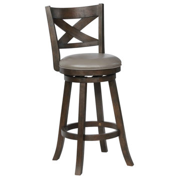 Curved Back Swivel Bar Stool With Leatherette Seat,Set Of 2, Gray And Brown
