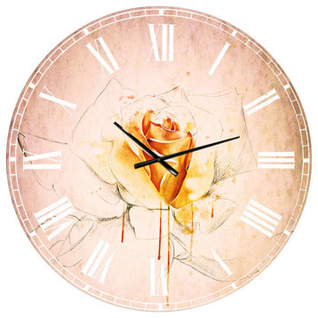 Yellow Rose Sketch On White Back Flower Round Metal Wall Clock, 36x36