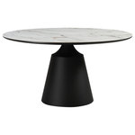 Armen Living - Knox Round Dining Table With Stone Top and Black Metal Base - Anchor your dining space with our sophisticated and stylish Knox Round Dining Table with Stone Top and Black Metal Base. The refined and distinctive silhouette of the dining table attains a statement-making appeal in any room. It features a perfectly rounded tabletop perched upon an eye-catching pedestal base. Its sintered stone tabletop depicts the graceful and natural textures of white marble to add a polished touch to your casual or formal meals. A durable yet elegant alternative to quartz, this tabletop is resistant to etching, scratches, burns, and stains. It is perched upon a black metal base to attain contrast and a versatile appeal. The round dining table can comfortably seat up to six individuals for enjoying meals in your kitchen, dining room, or living space. A 55" round shape allows the table to function as a natural hub for conversations. Serving as a stylish and durable addition to your home, the Knox dining table is available in a white stone top and black metal base.
