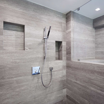 Grey Wood Look Tile Tub With Dual Shower Niches