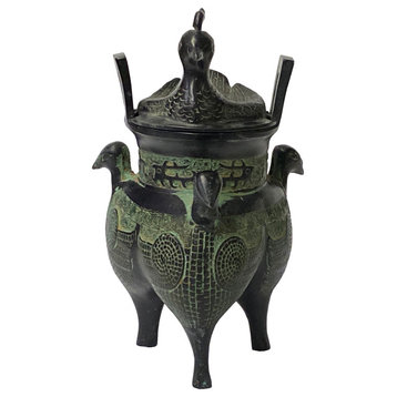Chinese Green Black Ancient Ding Shape Incense Holder Display Hws1453