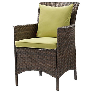 Modern Outdoor Side Dining Chair Armchair, Rattan Wicker, Green Brown
