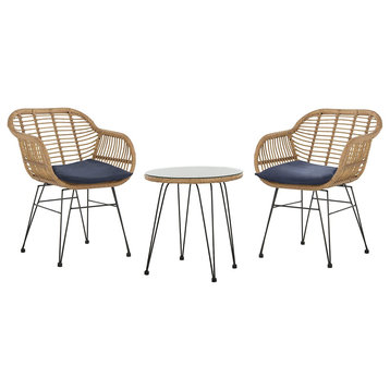 3 Pieces Patio Bistro Set, Padded Chairs and Table With Hairpin Legs, Brown/Navy