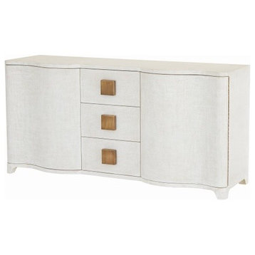 Linen Wrapped MidCentury Off White Console Cabinet | Shelves Drawers Fabric Gold