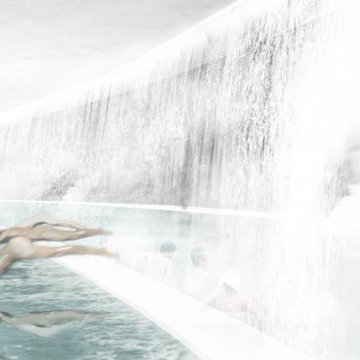 滝の流れる洞窟で温泉が楽しめる空間のコンセプトイメージ