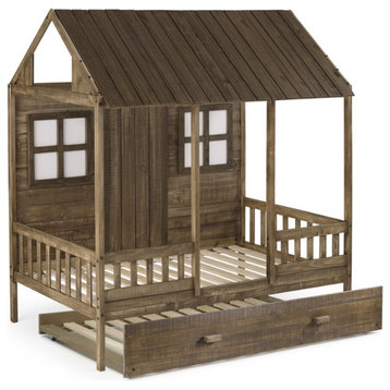 Donco Kids Front Porch Twin Solid Wood Low Loft Bed with Trundle in Driftwood