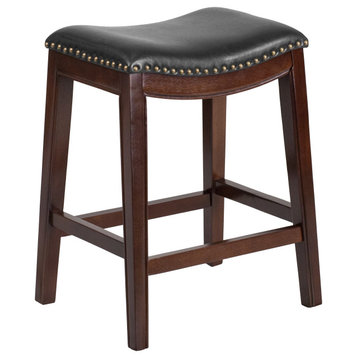 26" Cappuccino Wood Saddle Seat Counter Stool-Black Faux Leather Nailhead Trim