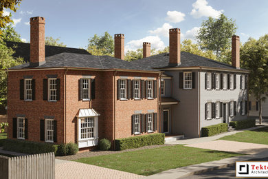 Large elegant red two-story brick apartment exterior photo in Boston with a hip roof, a shingle roof and a gray roof
