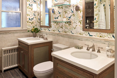 Inspiration for a mid-sized transitional bathroom in Toronto with recessed-panel cabinets, medium wood cabinets, a shower/bathtub combo, a two-piece toilet, beige tile, stone tile, white walls, porcelain floors, an undermount sink, quartzite benchtops, brown floor and a shower curtain.