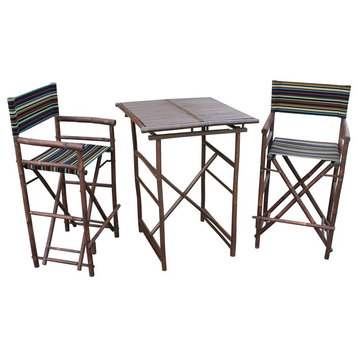 Bamboo Expresso Pub Set With 2 Black Stripe High Director Chairs & Square Table