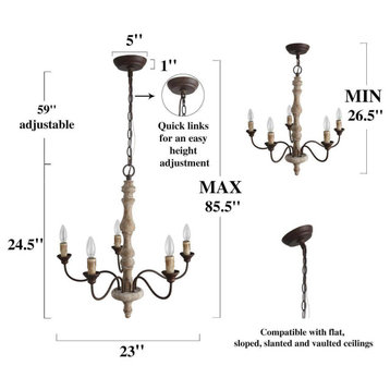 LNC 5-Light French Country White Wood Distressed Candle-style Chandeliers