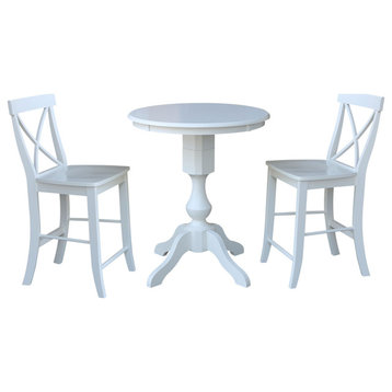 30" Round Pedestal Gathering Height Table With 2 X-Back Counter Height Stools