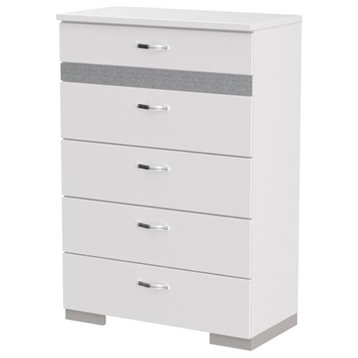 Modern Vertical Dresser, 5 Spacious Drawers With Chrome Pulls, Glossy White