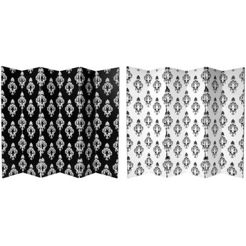 6' Tall Double Sided Black and White Damask Canvas Room Divider 6 Panel