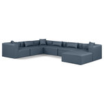 Meridian Furniture - Cube Upholstered Modular Sectional, Navy, 7-Piece: 3 Armless Chair, 3 Corner Chair, 1 Ottoman, Vegan Leather - Elevate your space with the luxurious Cube Vegan Leather Modular Sectional. This modular sectional exudes modern elegance, charm, and comfort making it a perfect addition to any contemporary living space. Its clean lines and cube shape are reminiscent of minimalist design, while the plush navy vegan leather upholstery adds a touch of luxury and sophistication. The chair's versatile construction and geometric aesthetic seamlessly integrate into various design styles, from sleek living rooms to chic home offices, embodying the essence of modern design and creating a sense of order and tranquility in your space.