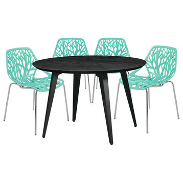 Leisuremod Ravenna 5-Piece Dining Set With 4 Stackable Chairs and Round Table, Mint