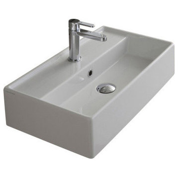 16.1" White Ceramic Wall Mounted or Vessel Sink, One Hole