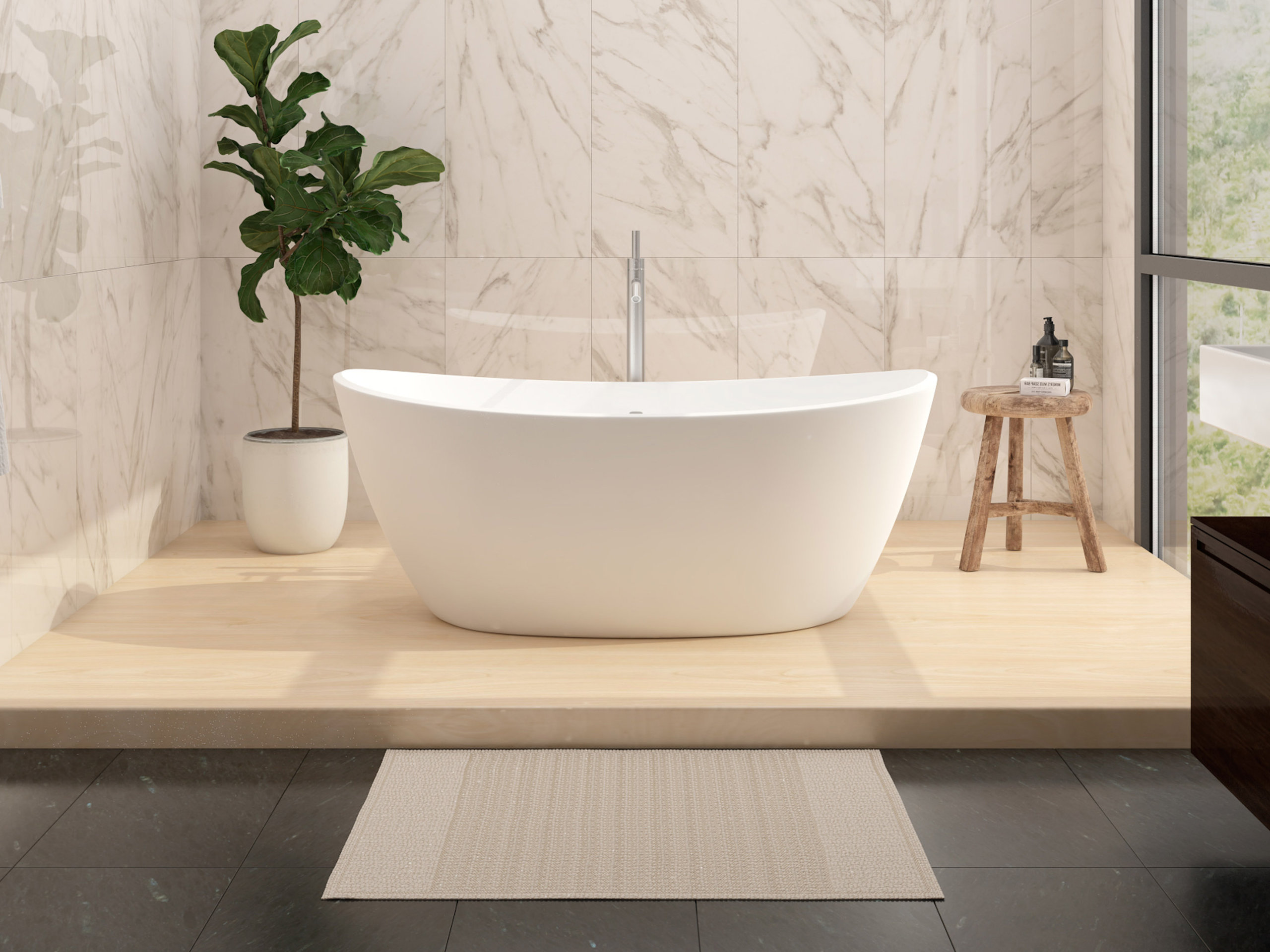 CastelloUSA Manhattan Solid Surface Stone Resin Freestanding Tub, White, 59"