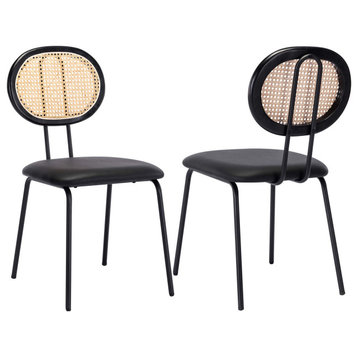 Rattan Cane Back Dining Chairs Set of 2, Black