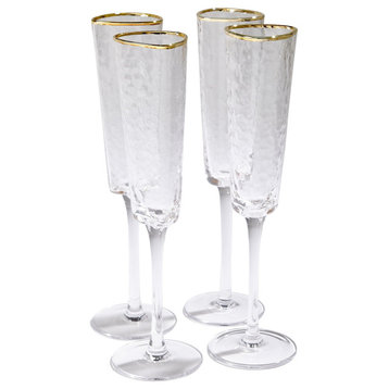 Elegant Hammered Art Glass Champagne Flute Set of 4 Gold Rim Modern