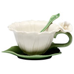 Cosmos Gifts Corp - Daisy 2-Piece Cup and Saucer Set With Spoon - This 2-Piece Daisy Cup and Saucer Set makes a stunning addition to a dinner or tea party. Made from porcelain in the shape of a dahlia flower and leaf, this green and white hand-painted cup and saucer set is elegant and unique. Includes a small tea spoon. Hand wash only.