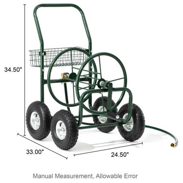 Green Steel 4-Wheel Garden Hose Reel Cart, 34.5''H