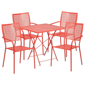 Flash Furniture 5 Piece 28" Square Steel Flower Print Patio Dining Set in Red