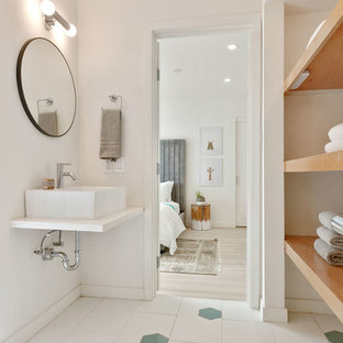 Inspiration for a contemporary white floor bathroom remodel in San Francisco with white walls, a vessel sink and yellow countertops