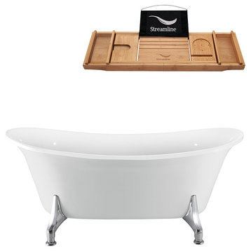 59" White Clawfoot Tub and Tray, Chrome Feet, Chrome Internal Drain