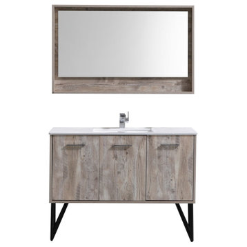Bosco 48" Vanity, Quartz Countertop, Matching Mirror, High Gloss White, Nature W