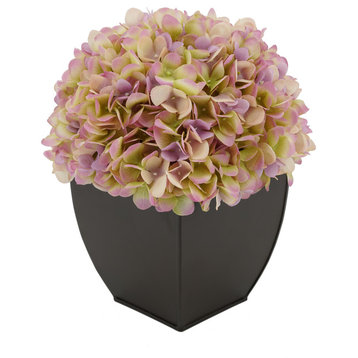Artificial Hydrangea in Matte Brown Tapered Zinc Cube, Lilac